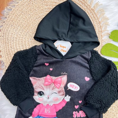 Vestido Manga Longa de Pelinhos com Capuz Sweet Days - Preto